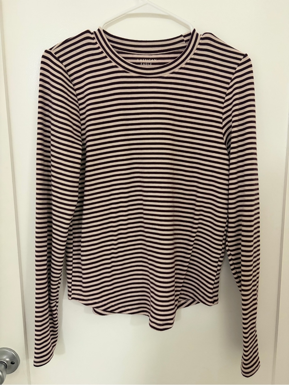 Striped Long-Sleeve Crew Neck Top - Burgundy & Cream